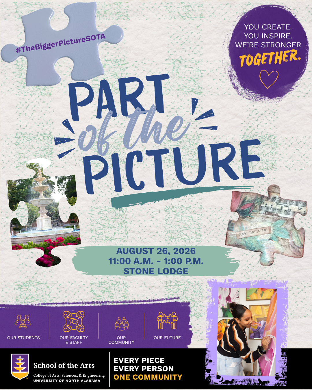 Promotional graphic for “Part of the Picture” event, featuring puzzle pieces. 8/26/2026 at Stone Lodge from 11am-1pm.