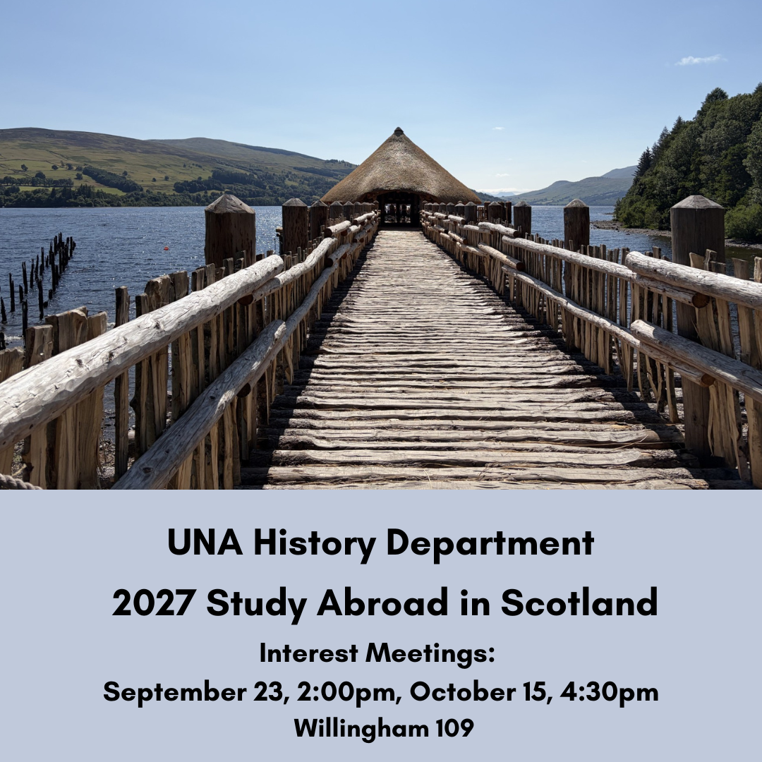 Flyer for Scotland Study Abroad showing an Iron Age roundhouse on Loch Tay, meeting date September 23, 2:30 pm, Willingham 109