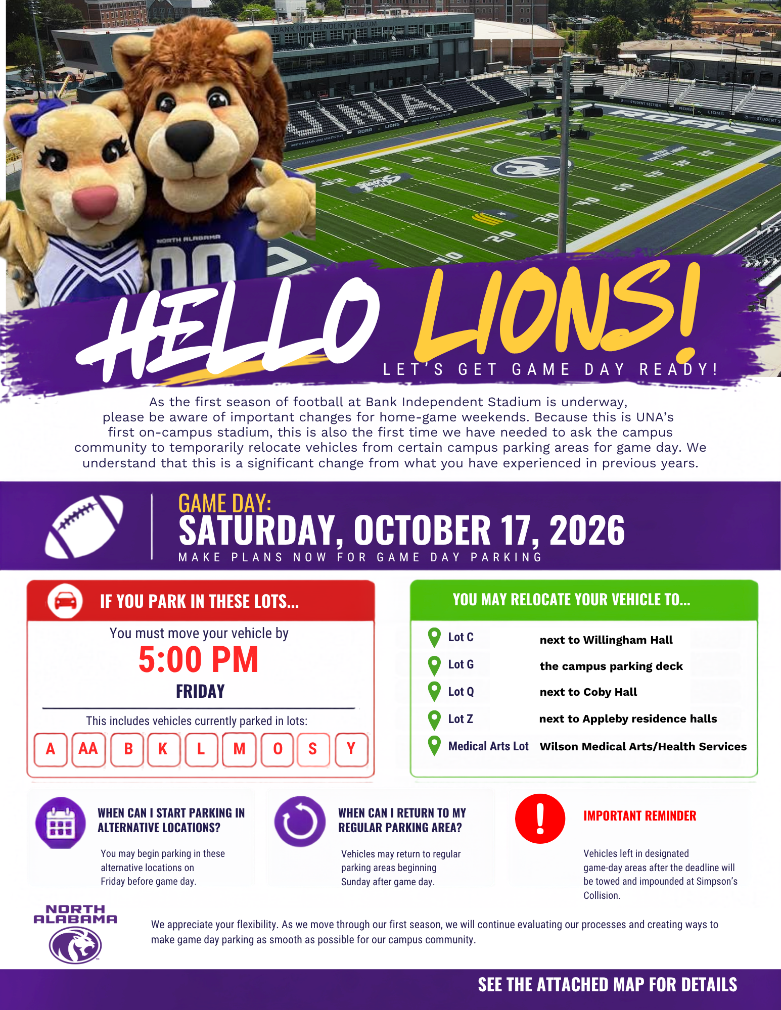 Game day parking flyer: Vehicles must be moved by 5 pm Friday, Oct. 16 for game day parking. Photo of mascots Leo and Una.