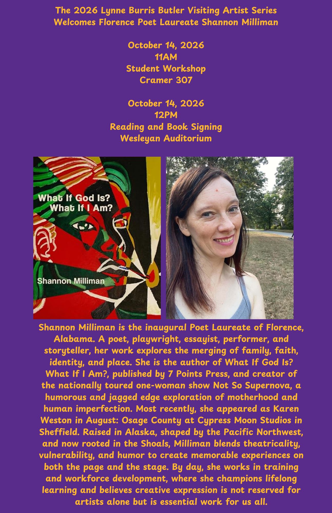 Flyer containing information for event along with author and book photo