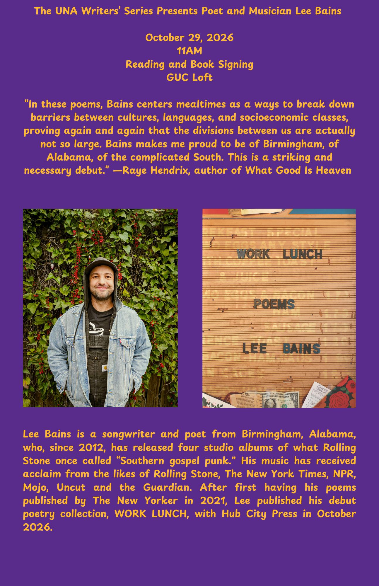 UNA Writers' Series flyer featuring information and author photo for October 29 event at 11am in the GUC Loft with Lee Bains