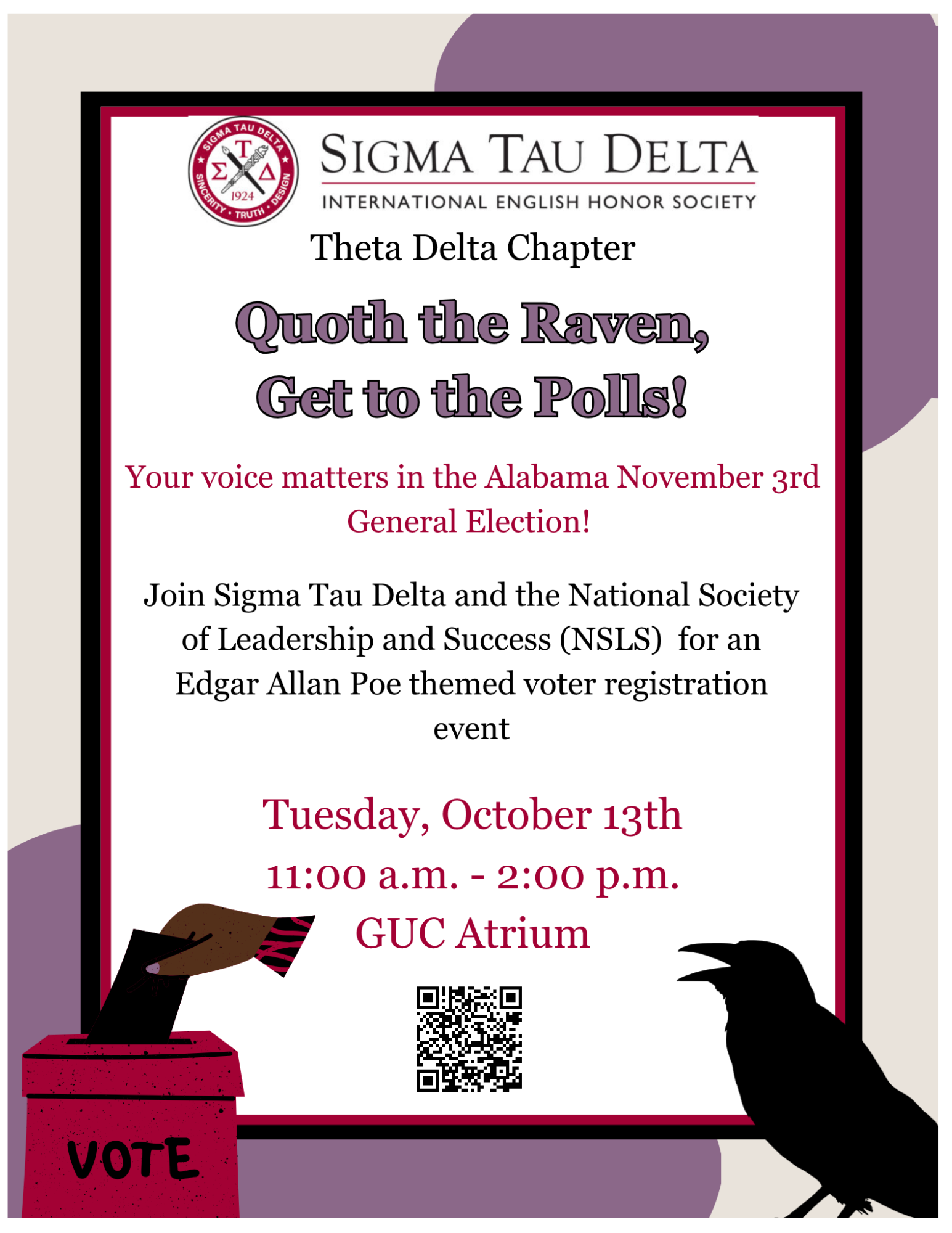 “Quoth the Raven, Get to the Polls!” voter registration event with QR code, raven, and ballot box.