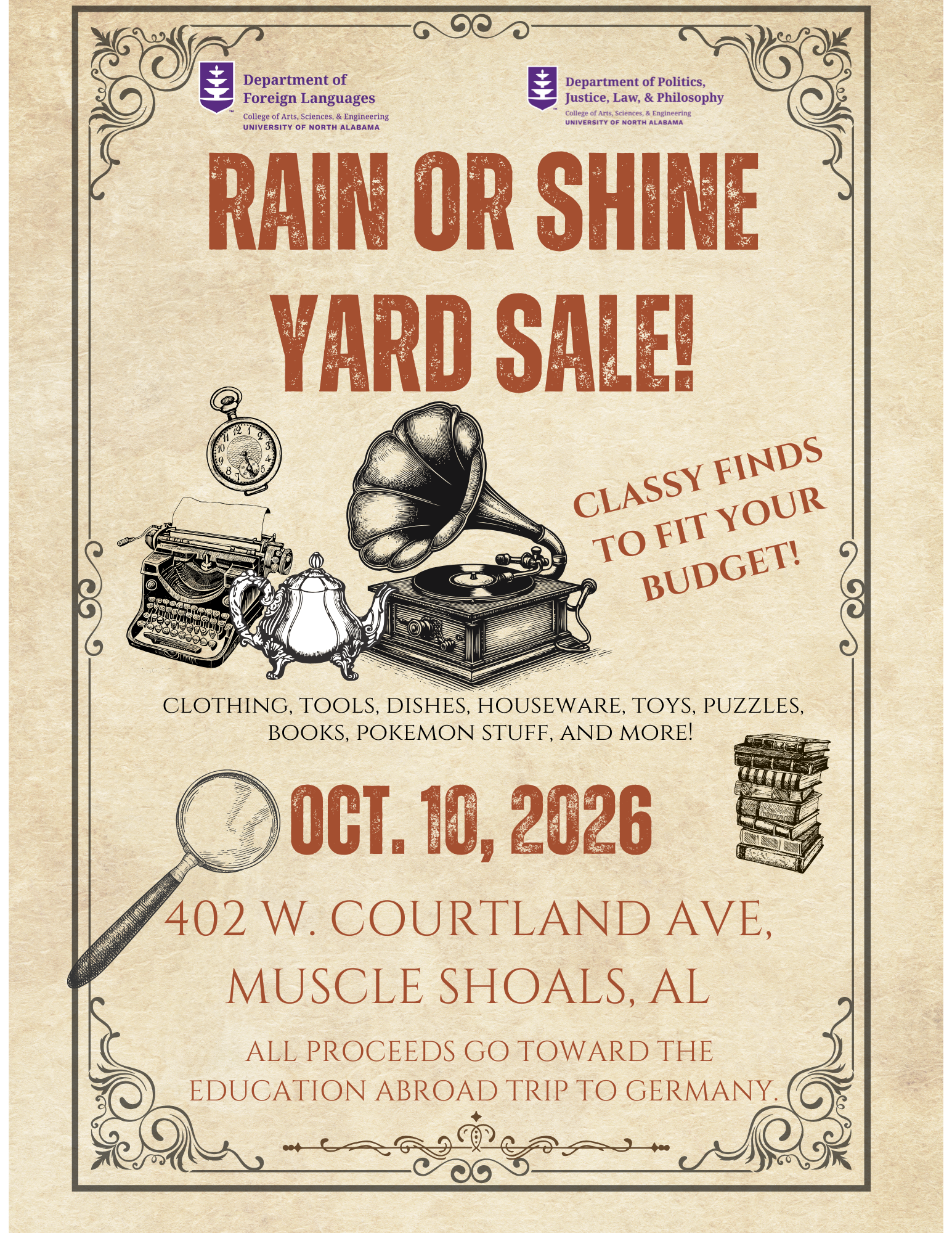 Yard Sale Fundraiser; Oct. 10th, 2026 from 7 to 2. 402 W. Courtland Ave Muscle Shoals